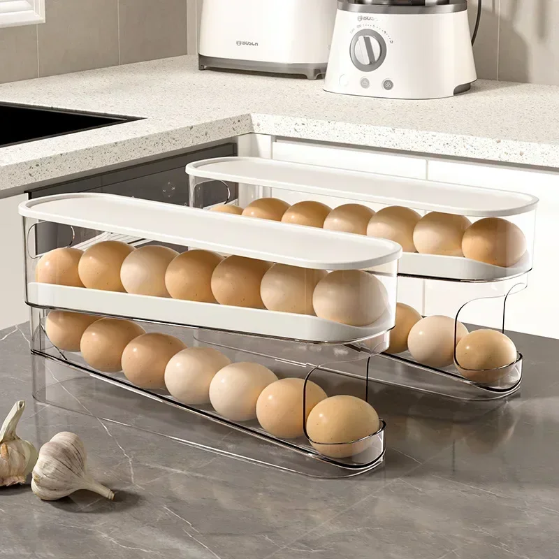 Caja de almacenamiento de huevos para refrigerador, soporte de huevos de desplazamiento automático, estante de almacenamiento de huevos enrollable dedicado para cocina de gran capacidad para el hogar