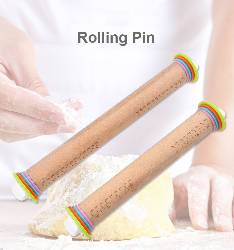 Adjustable Wooden Rolling Pin with 4 Removable Rings Baking Cookies Noodle Biscuit Fondant Cake Dough Roller DIY Kicthen Tools