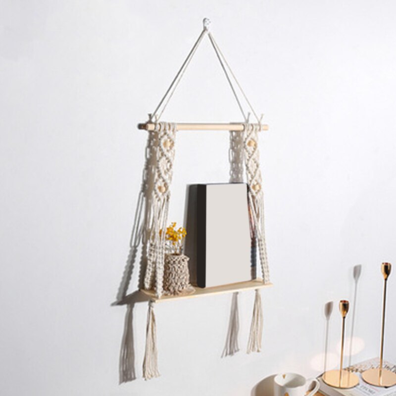 Estantes de macramé para dormitorio y plantas, decoración de Navidad Bohemia, estante de pared de madera, soporte de vela flotante, , decoración del hogar