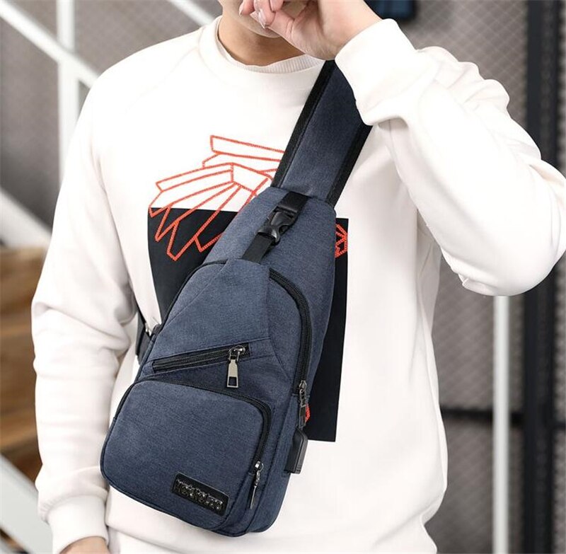 Male Shoulder Bags USB Charging Crossbody Bags Men Anti Theft Chest Bag School Short Trip Messengers Bag Canvas Waist Pack: Dark blue