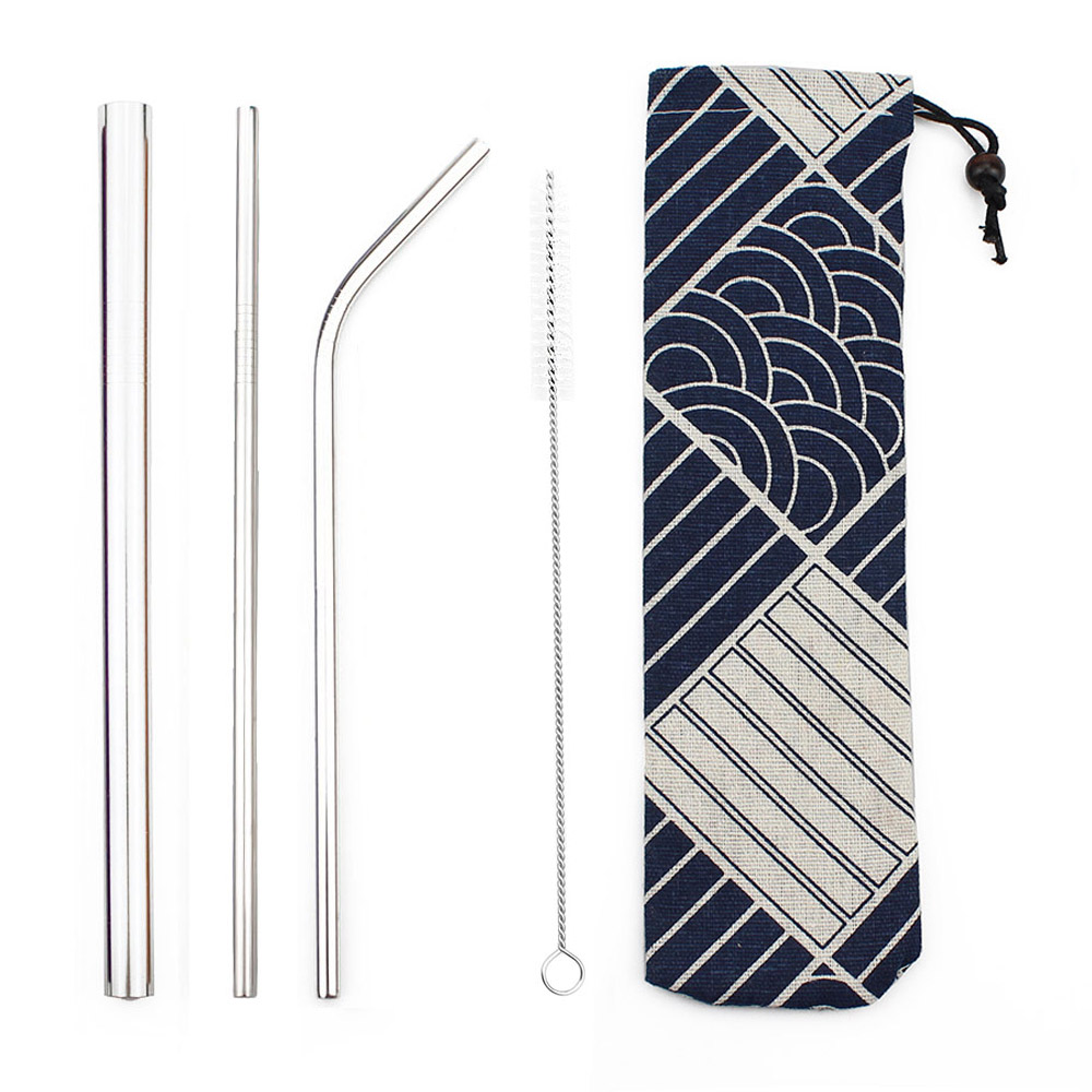 5pcs Herbruikbare Metalen Rietjes 304 Rvs Zilver Stro Set Dikke met Kleurrijke Tas Pouch Clean Brush Party bruiloft: Silver E
