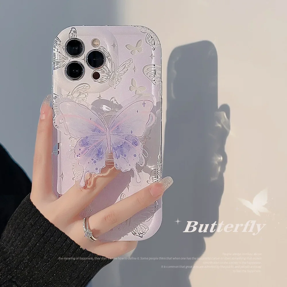 Funda de teléfono con soporte de mariposa de acuarela estilo Ins para iPhone16 15 14 12 13 11 Pro ProMax Plus Xsmax, funda de teléfono suave a prueba de golpes