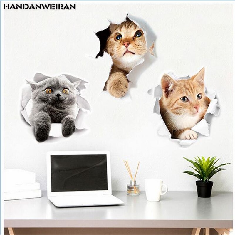 1Pcs 3D Leuke Katten Decoratieve Stickers Op De Muur Pvc Dier Decor Toiletbril Badkamer Koelkast Deur