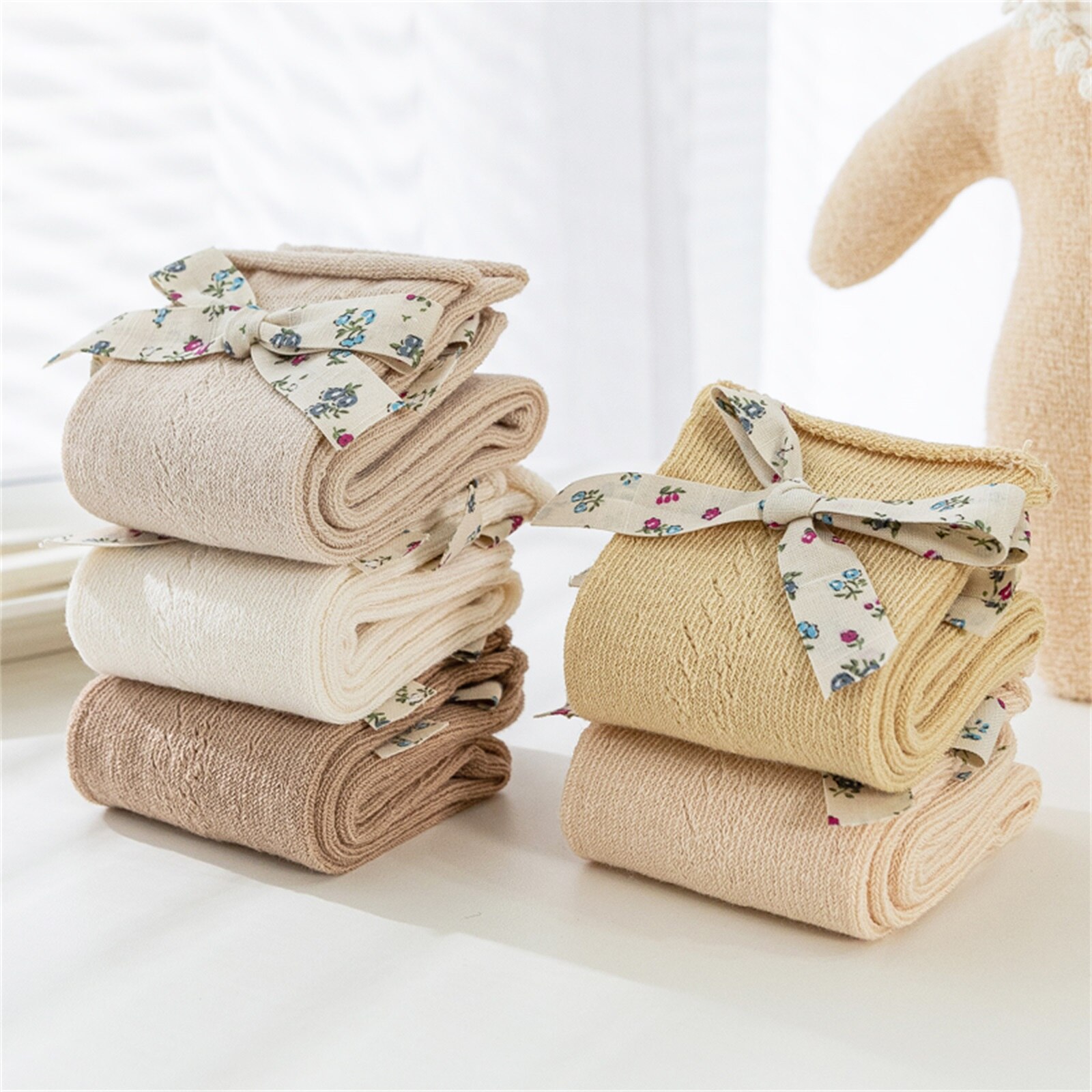 Peuter Baby Meisjes Kniekousen, Gekamd Katoen Mesh Hoge Sokken Met Bloemen Strik Decoratie Voor Kinderen, 5 Kleuren