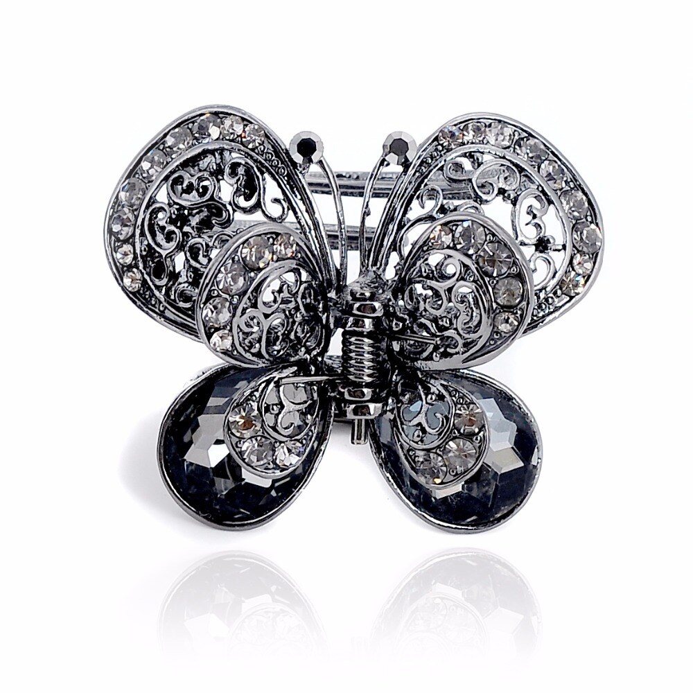 Vintage Rhinestone Butterfly Hair Claw Crab Crystal Embellished Medium Hair Clip Open Sides Hair Accessories For Women