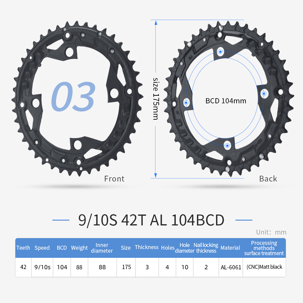 PROWHEEL-plato redondo para bicicleta de montaña, rueda dentada de aleación de acero, 64/96/104BCD, 22T, 24T, 30T, 32T, 40T, 42T, 44T: 10S 42T AL 104BCD