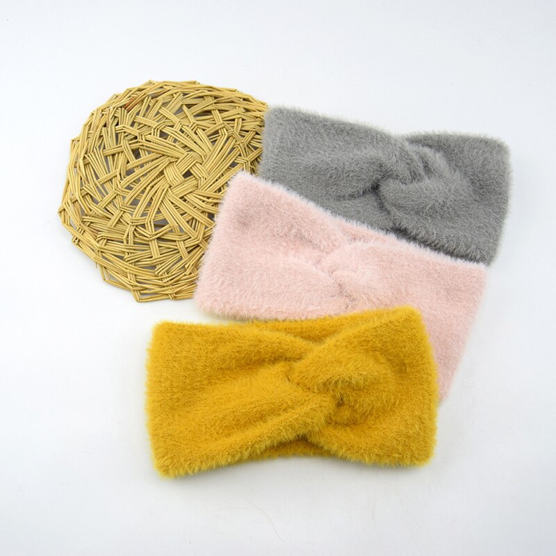 Diademas mullidas con nudo hechas a mano para mujer, bandanas de imitación de visón y Cachemira con lazo sólido, diademas sencillas con calentador de orejas, diadema para mujer
