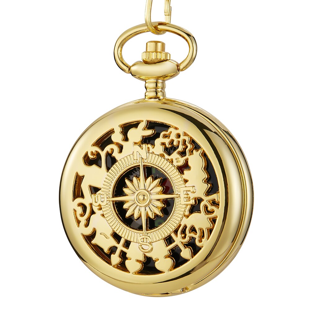 Aankomst Kompas Goud Bruin Retro Hollow Quartz Zakhorloge Fob Hanger Chain: gold
