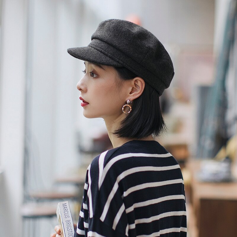 Gorro de marinero de lana, sombrero versátil coreano británico para mujer, gorro octogonal de informal, gorro de lengua de pato