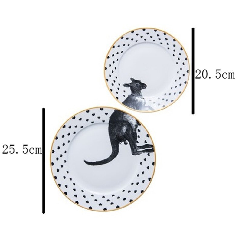 2 Pcs 6&8 Inch Animal Combined Plates Set Ceramic Plates Fox Elk Giraffe Zebra Pattern Plates Steak Breakfast Cake Fruits Dish: B
