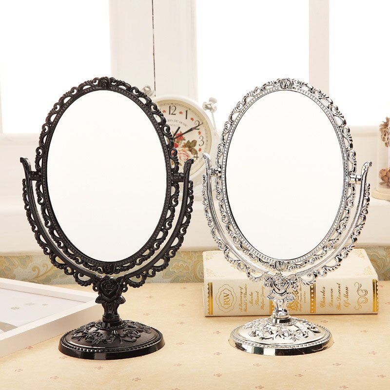 Espejo redondo de pie para dormitorio, espejo decorativo de plástico plateado, estilo nórdico Vintage, pequeño para maquillaje, para sala de mesa