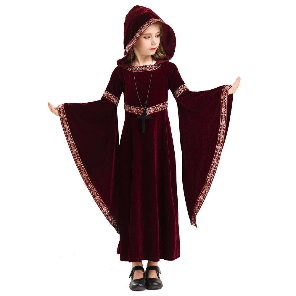 Traje de halloween traje da morte das crianças medieval retro gótico vampiro com capuz bruxa saia longa carnaval festa role play vestido: XS (equipamento de primeiros socorros) / Vermelho