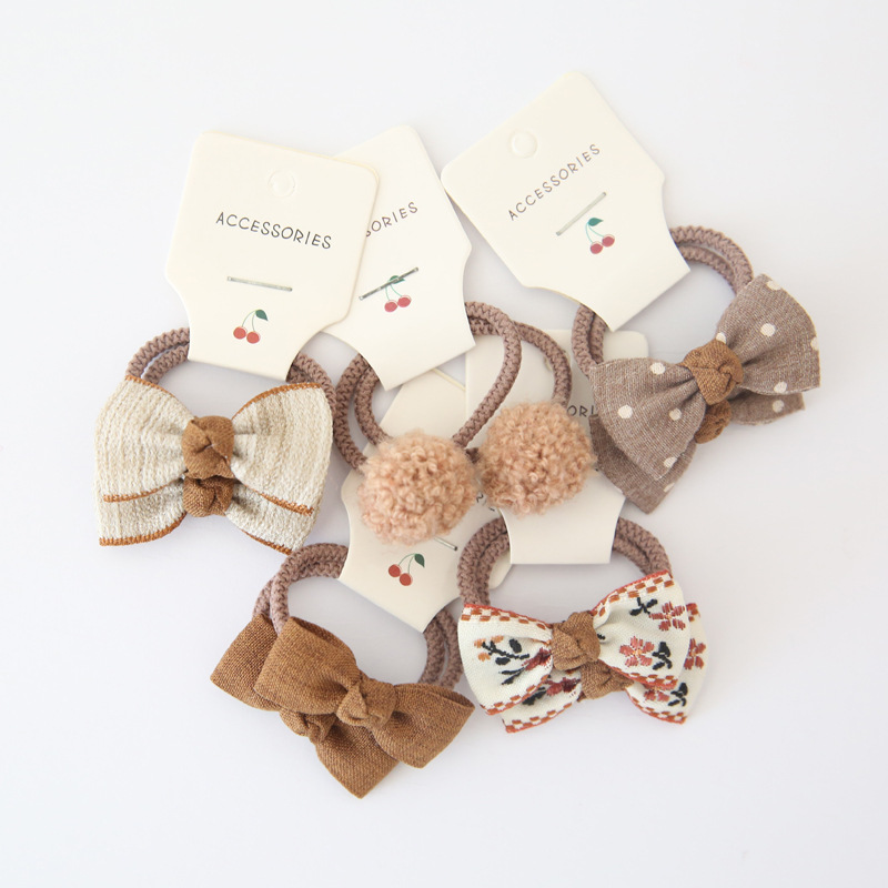 10Pcs/Lot Sweet Hair Band Girls Hair Ties Bows Elastic Rubber Band Flower Small Ball Scrunchies Baby Kids Hair Accessories: khaki set