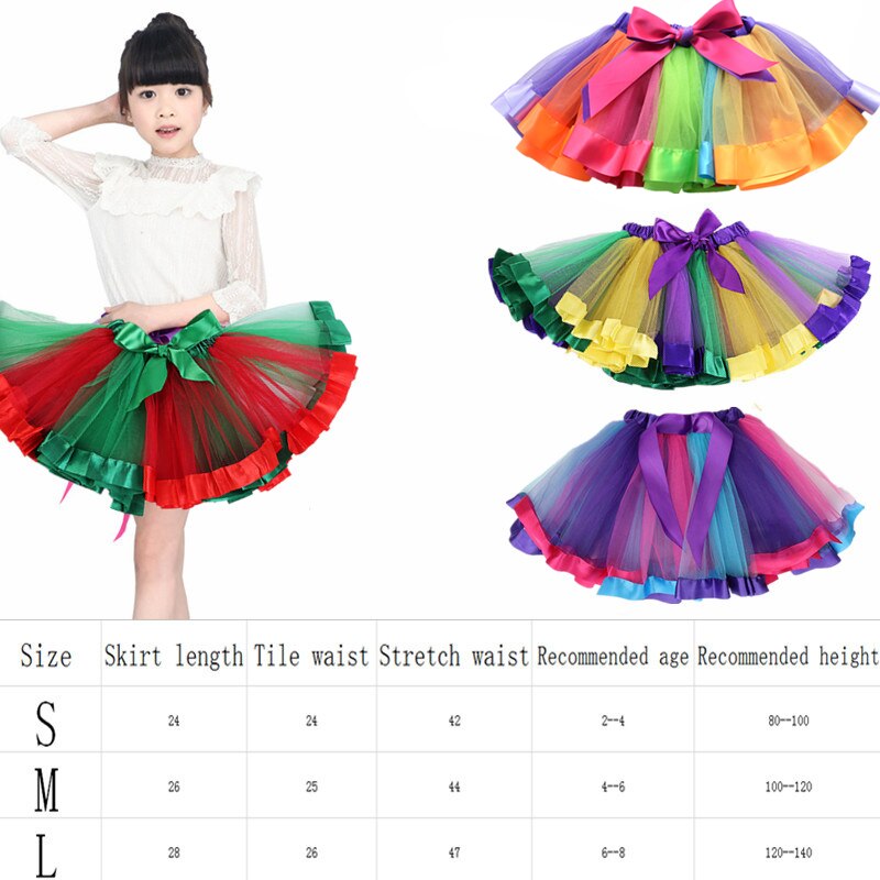 Barn prinsesskjol färgglad regnbåge tyll pilbåge fluffig för tjejfest baby tutu kjol 2-8 år gammal