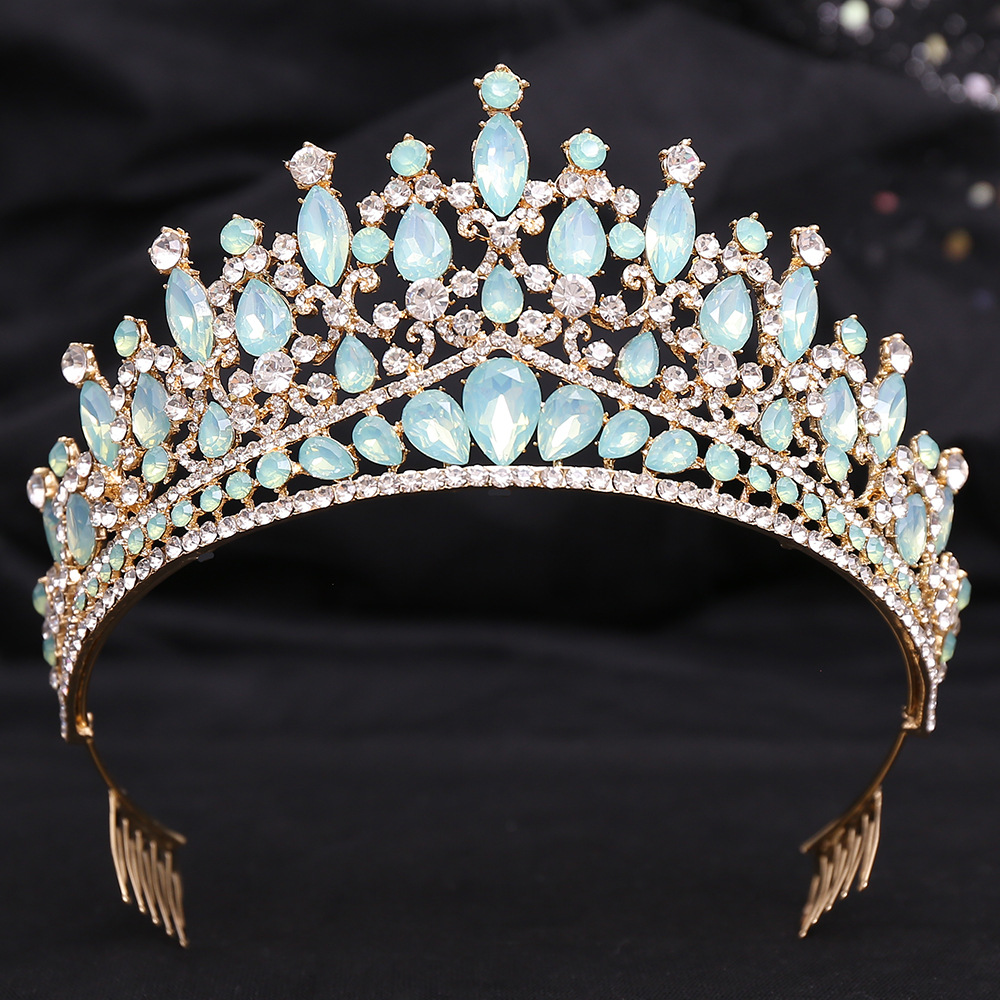 Barokke blauwgroene opaal bruiloft kroon met kam kristal koninklijke koningin bruids tiara's grote strass optocht diadeem hoofdaccessoires: Goud-kleur