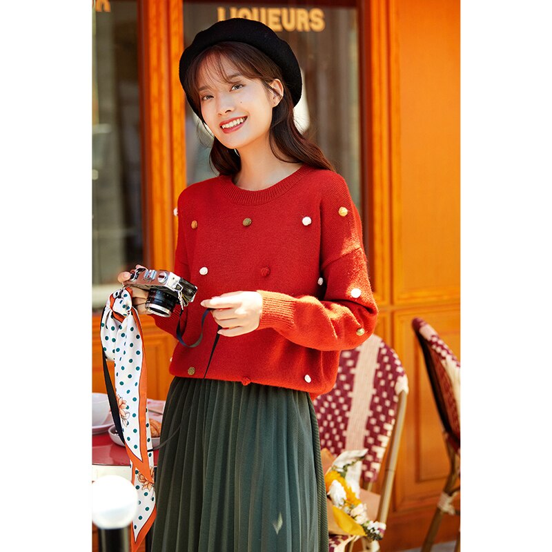 Inman høst vinter farge polka ball dekorasjon ribbet genser genser varme og kawaii stil vindtett jumpe