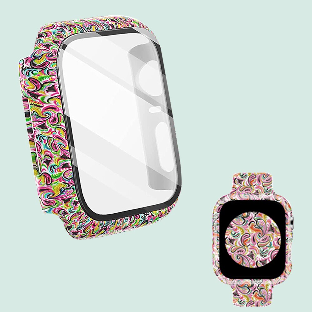 Funda + cristal para Apple Watch 44mm 40mm 38mm 42mm, cubierta protectora de leopardo de para parachoques de PC duro para iWatch SE 6 5 4 3 2 1: Plata / 9 pulgadas