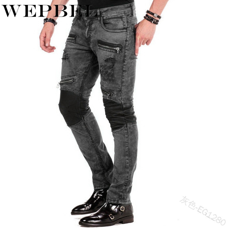 Wepbel punk vintage miehet laihat denim housut useat vetoketjulliset taskut tilkkutäkki rock roll farkut revitty letku denim pitkät housut