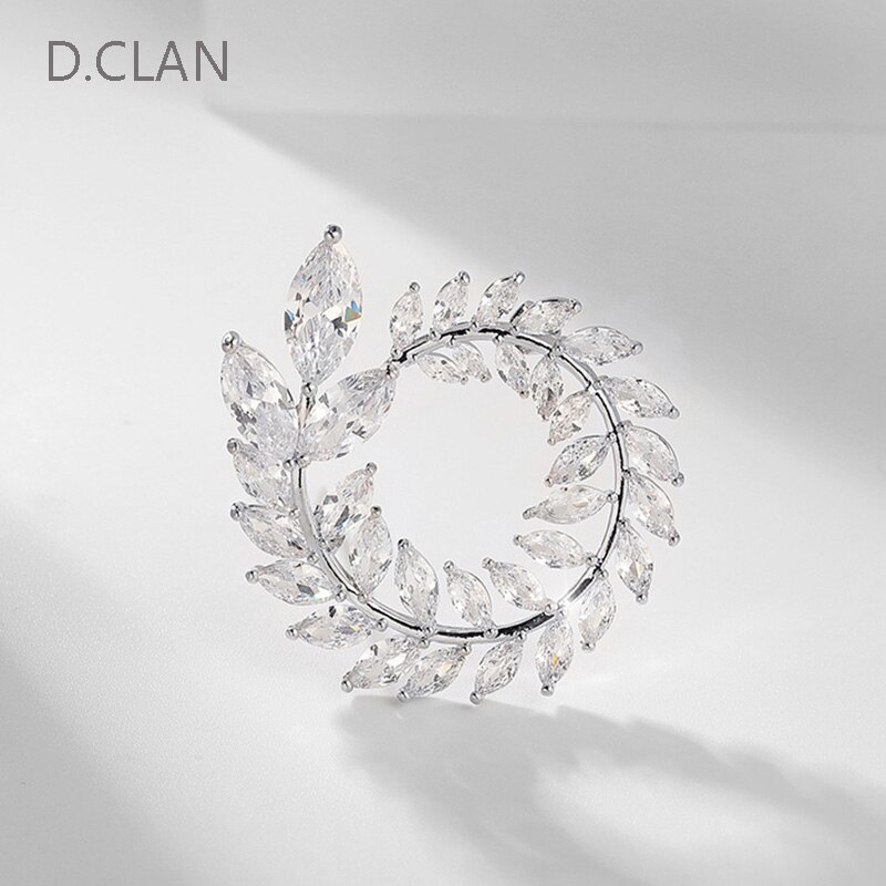 D.Clan schmuckbrosche aus zirkonia in olivenblattform, funkelndes accessoire für damen: Platinfarbe