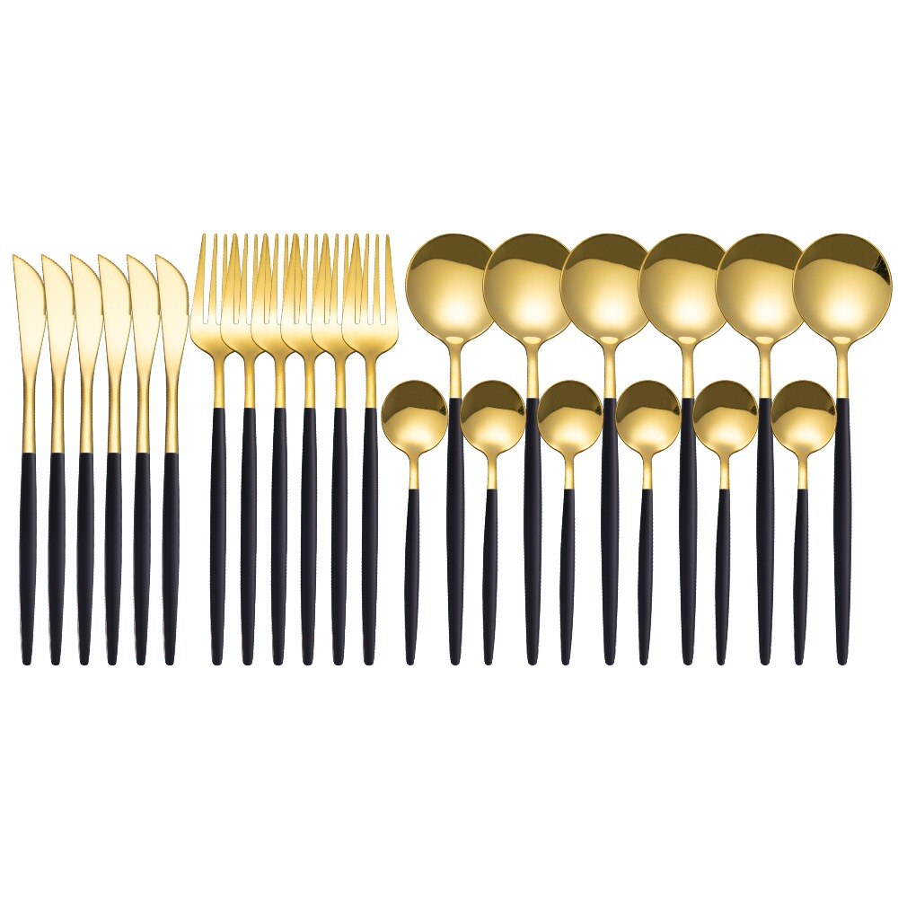 24Stck Edelstahl Geschirr setzt Glänzend Silber Gold Besteck setzt Messer Gabel Kaffee Löffel Besteck einstellen Spülmaschine Geschirr: Schwarz Gold