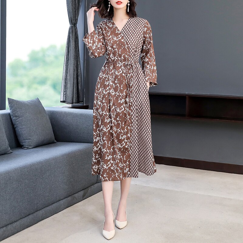 Vestido Midi de seda de morera para mujer, prenda de manga larga con estampado de primavera y verano, estilo coreano e informal para y oficina, 2022