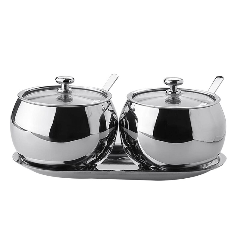 Sucrier avec couvercle et cuillère, 2 saladier inox Pots à épices ensemble Pots à condiments, argent