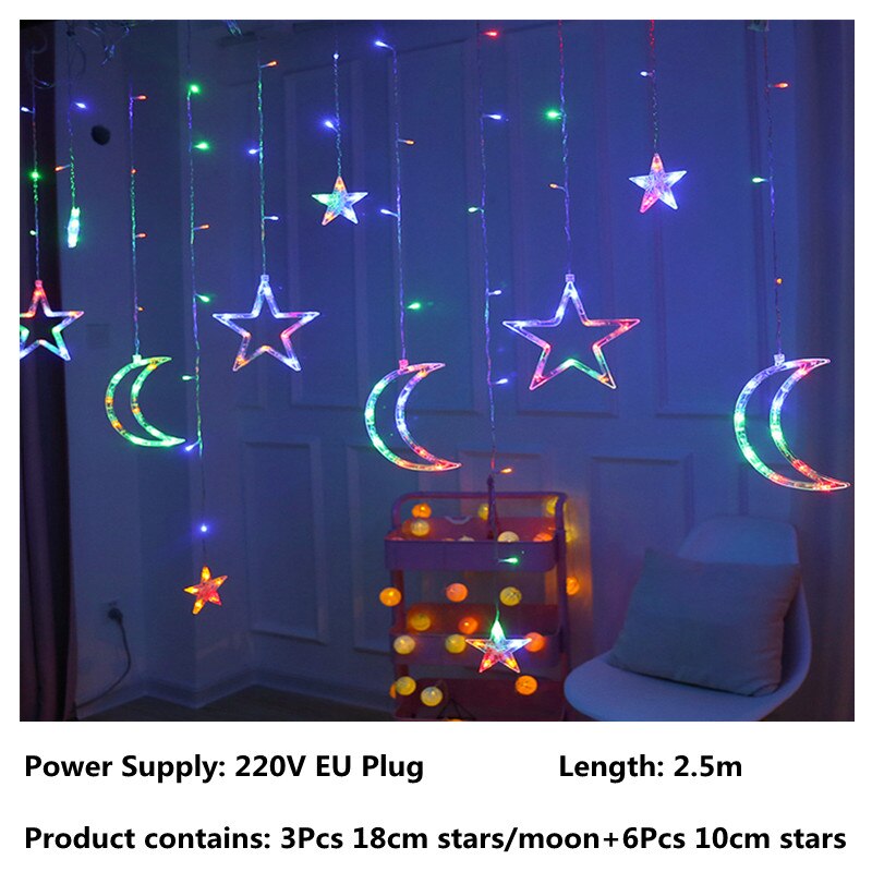 Cortina de luces LED con forma de luna y estrella para decoración, guirnalda de 3,5 M para Navidad, festividades, Año , cortina en la ventana: 220V EU Plug Color
