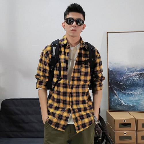 Leesbaar Lente Herfst Plaid Shirts Mannen Met Lange Mouw Mannen Casual Shirt Koreaanse Shirts Man Shirt Mannen: yellow / M