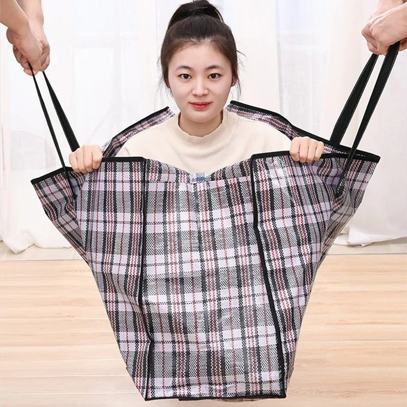 Bolsa tejida a rayas, almacenamiento de gran capacidad, bolsas móviles, ropa, colcha, manta, paquete de embalaje de equipaje, bolso con cremallera, organizador para el hogar
