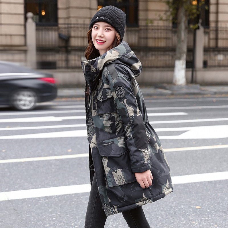 Tarnung aufbringen frauen Winter Jacke Mit Kapuze Dünne Lange Parkas Weibliche Stehkragen Plus Größe Baumwolle gepolstert Dicken lässig Mäntel