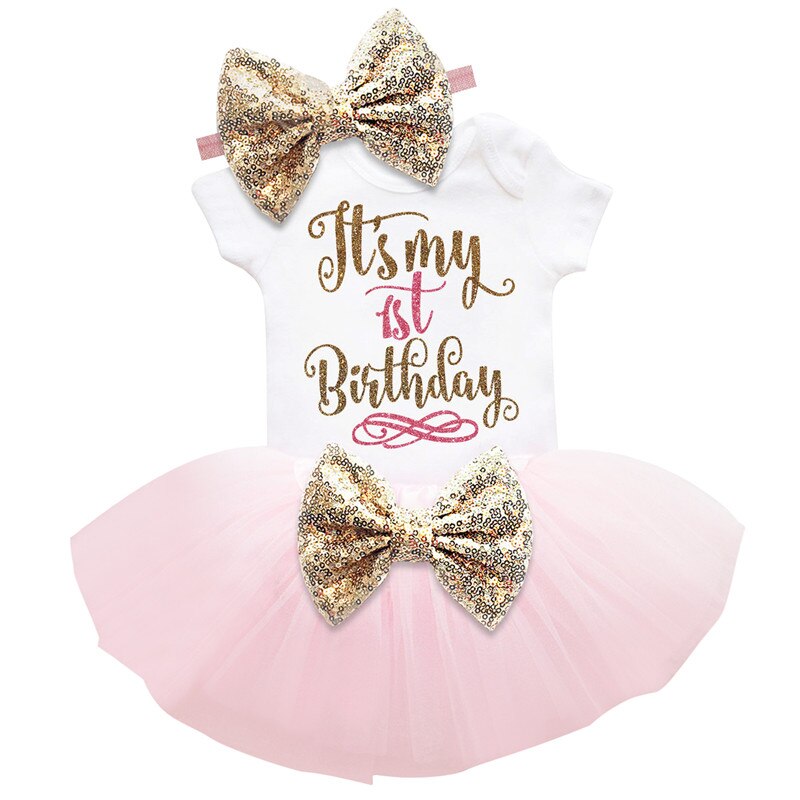 Baby pige tøj lange ærmer bue tutu 1 år kjole (toppe + pandebånd + kjole ) 3 stk tøj bebes første fødselsdag kostumer kjole: F133