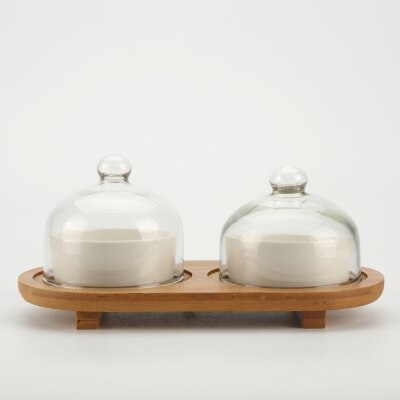 Ceramic cake bowl dessert plate bamboo tray with glass cover single / double dessert bowl pudding ice cream cup mx5311405: Double