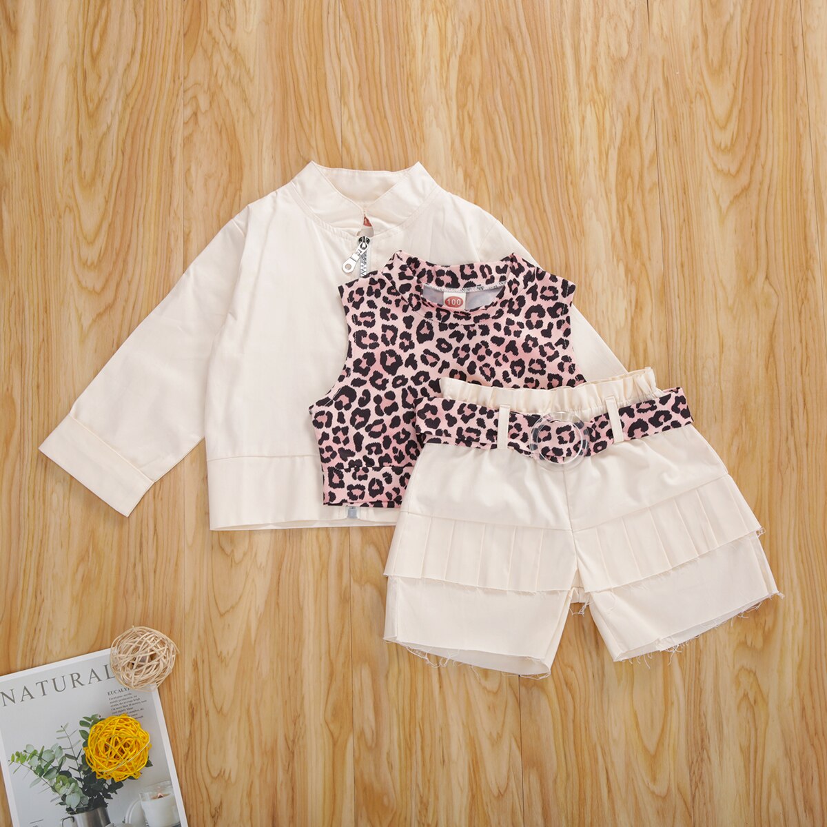 Focusnorm 2-8y herfst meisjeskleding luipaardprint mouwloos vest tops shorts riem 3 stuks of een stuk jas