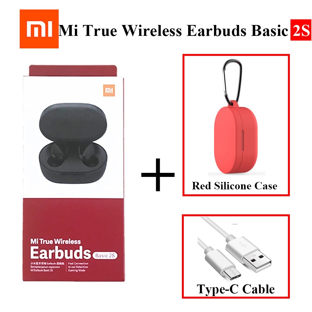 Global Version Xiaomi Mi True Wireless Earbuds Basic 2S TWS Bass Bluetooth 5.0 Earphone Original Redmi Airdots 2S TWSEJ07LS: Add Cable Red Case