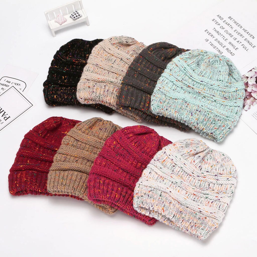 Ponytail Beanie Women's Girls Stretch Knitted Wool Crochet Hats With Label Caps Messy Bun Holey Warm Hat Winter Warm Cap Beanies