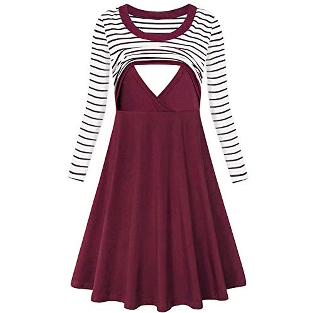 Maternity Breastfeeding Dresses Women's Stripe Long Sleeve Flare Nursing Dress Robe Grossesse Premama Clothes For Pregnant Women: Red / M