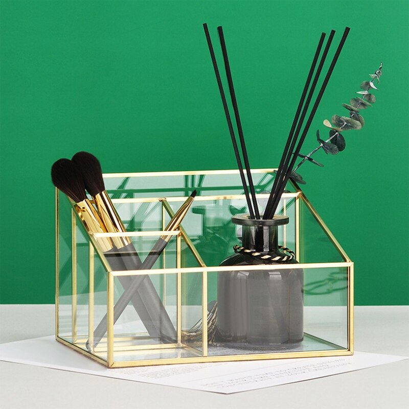 Vintage cosmetica organizer van glas en metaal met 4 compartimenten voor make-upkwasten, parfum, lippenstift, nagellak, goudkleurig