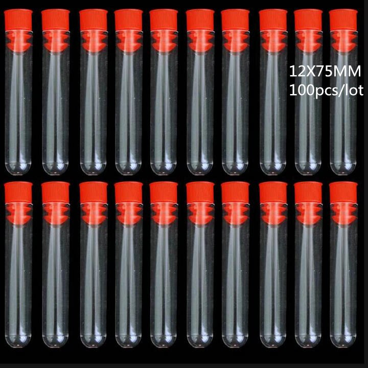 100pcs 12x75mm Clear Plastic reageerbuizen met blauw/rood stopper push cap voor soort experimenten en tests