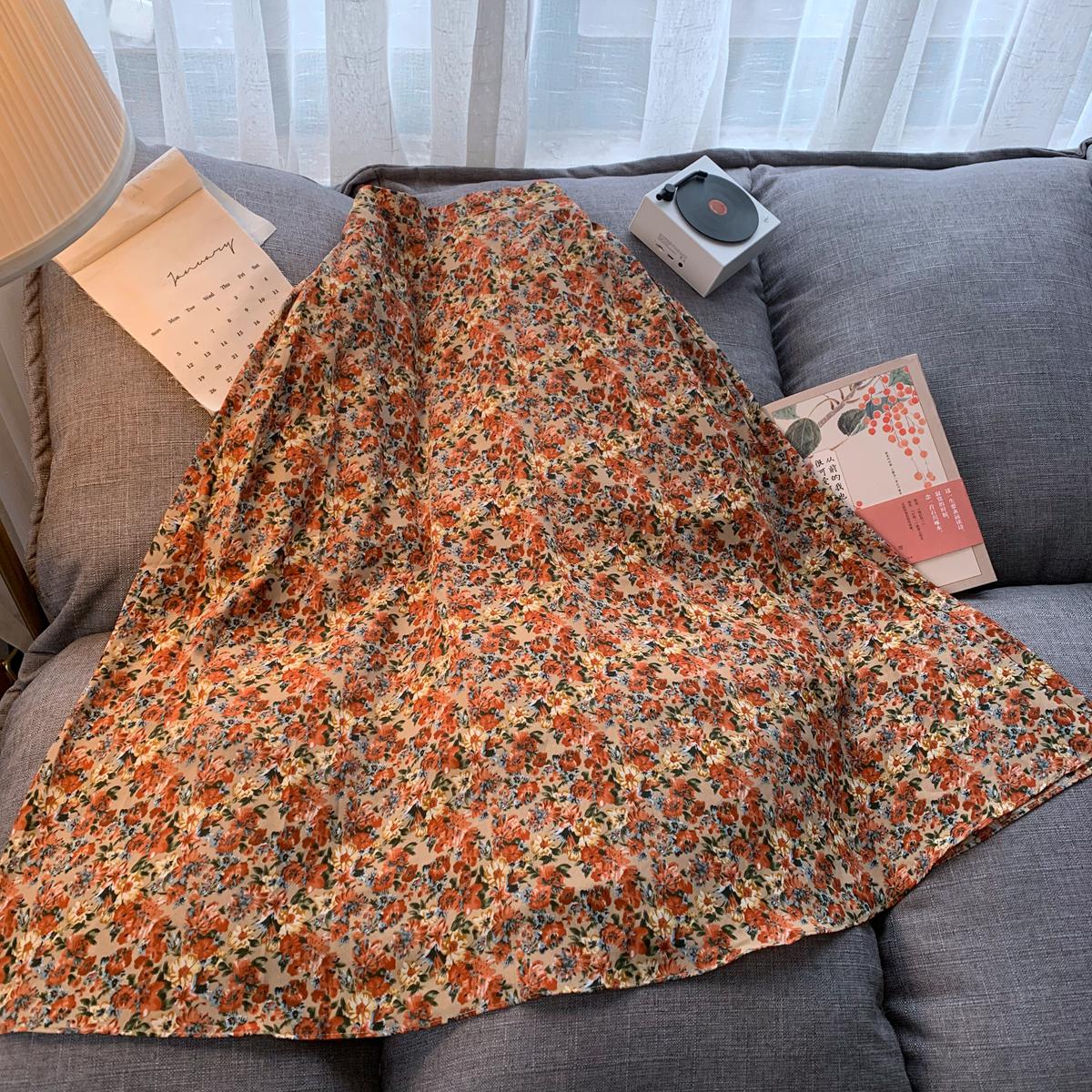 Chiffon a-line nederdel kvinder plus størrelse blomsterprint lang plisseret nederdel mujer maxi beach sommer vintage saia longa: Orange / S