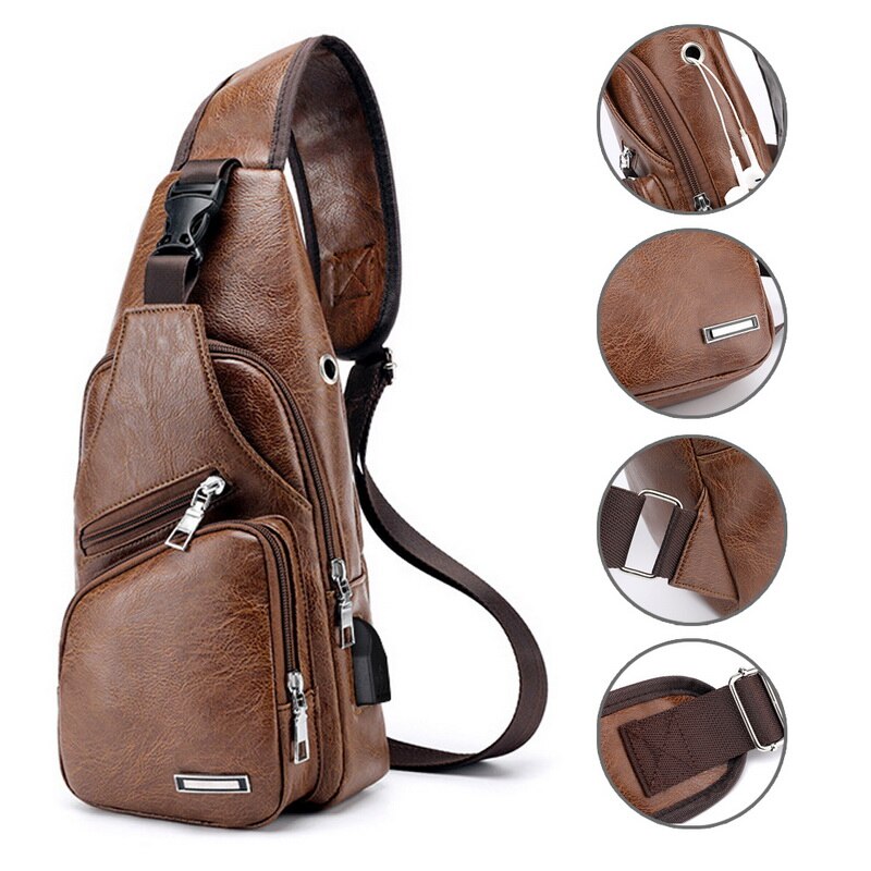 SHUJIN Chest Bag Men PU Leather Chest Pack USB Backbag With Headphone Hole Functional Travel Organizer Male Sling Waist Bags