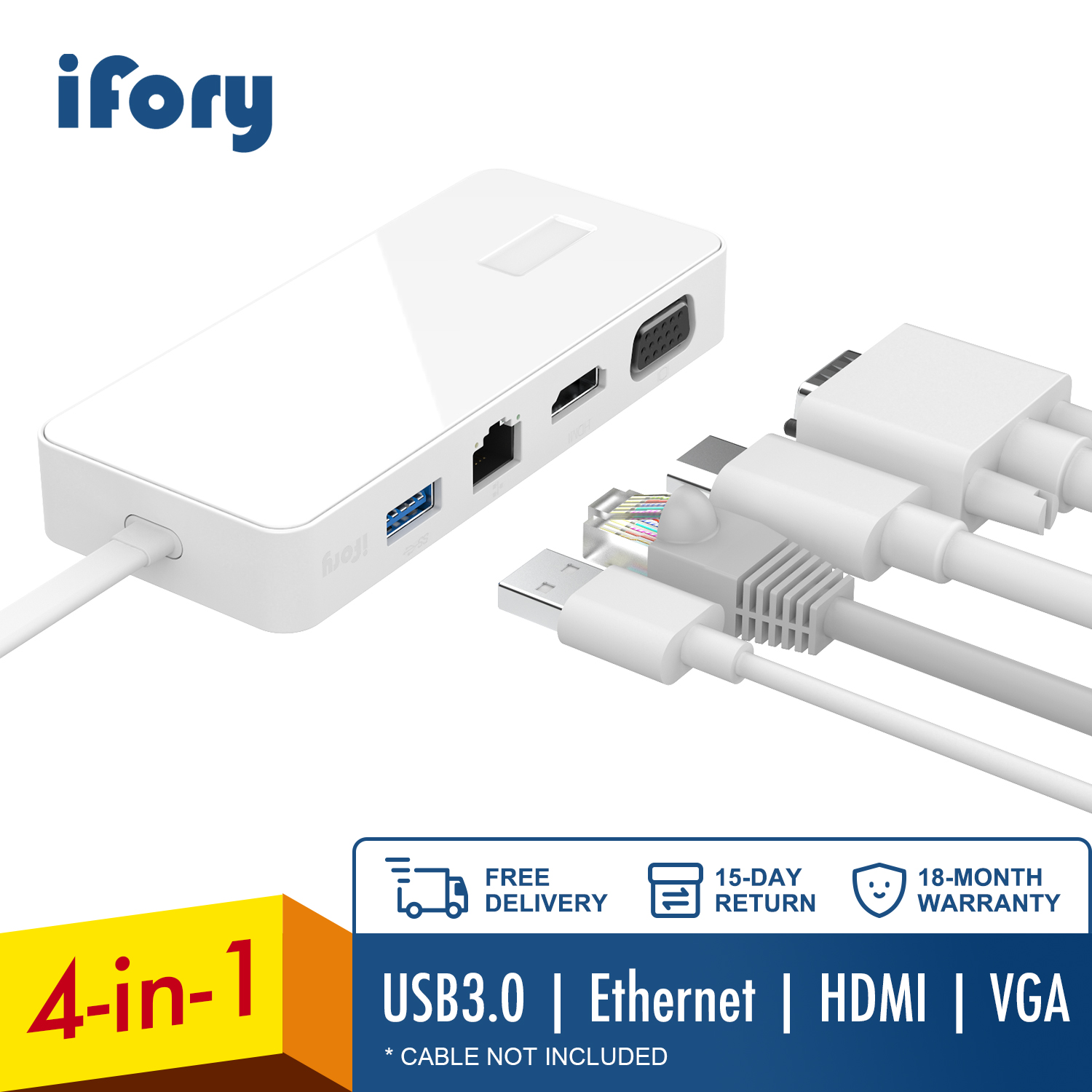 Ifory Type C Hub, Usb C Adapter Met Hdmi/Vga, Ethernet, usb 3.0 Voor Macbook Pro Air Dock Type-C Poorten Splitter Hab: Cloud White