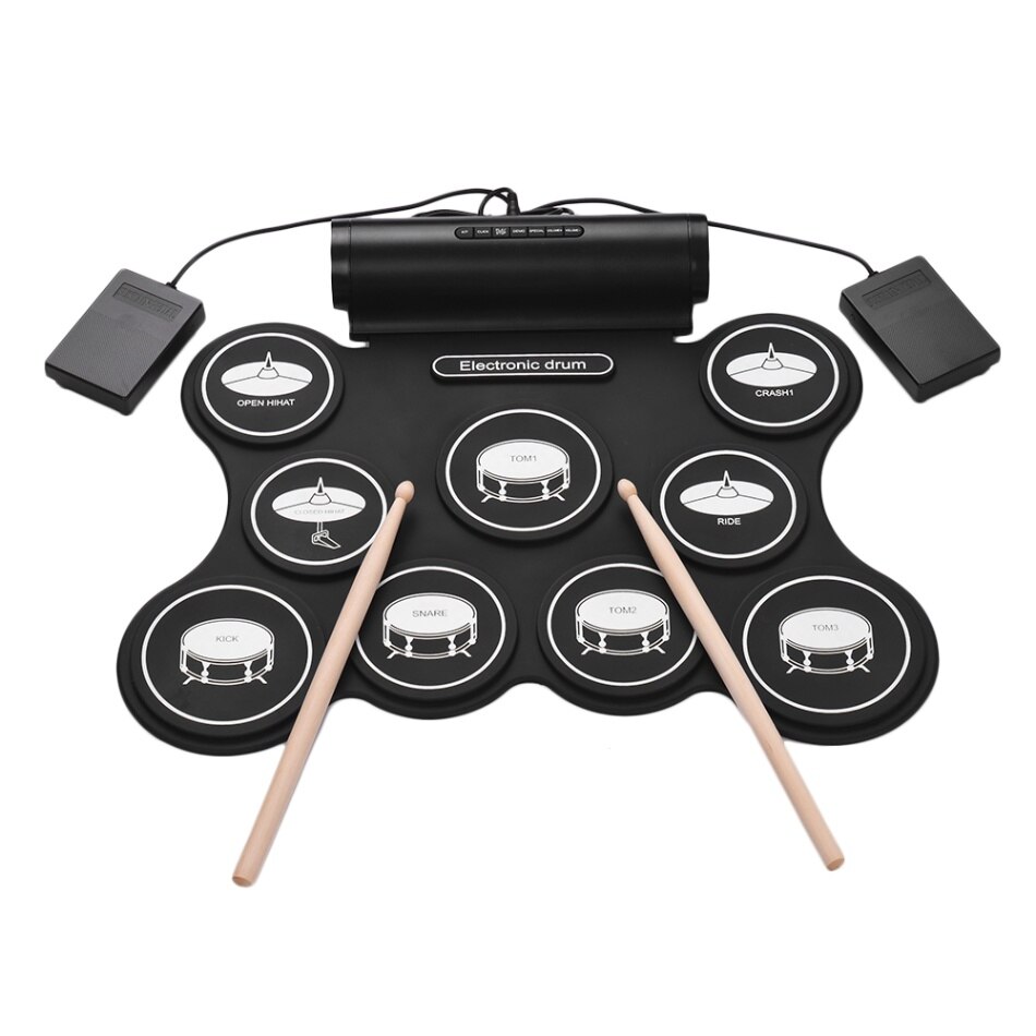 Elektronisk digital usb 9 pads rull opp sett silikon elektrisk trommesett med trommestikker og opprettholde pedal perkusjonsinstrumenter