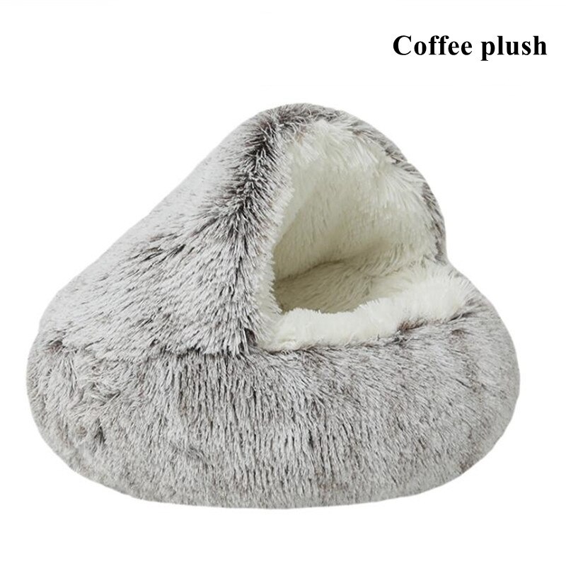 Winter Lange Pluche Huisdier Kennel Hond Bed Ronde Kussen Kat Huis 2 In 1 Warm Kat Mand Slaap Semi-afgesloten Zak Voor Puppy Kleine Kat: Coffee plush / 40CM
