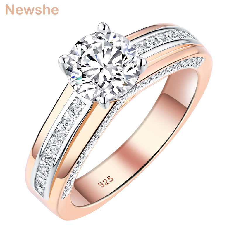 Newshe Rose Goud Wit Kleur Wedding Engagement Rings Voor Vrouwen 100% 925 Sterling Zilver Ronde Cut Aaaaa Cz Prachtige Sieraden