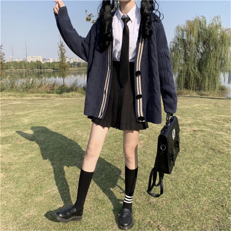 Japanese Korean School Uniform for Girls Autumn Winter College Style Loose Knitted Cardigan Solid Color Sweet Coat 2022