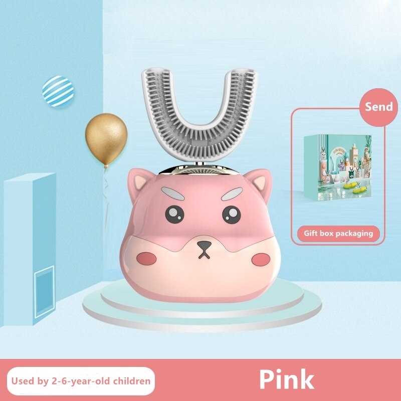 Cepillo de dientes eléctrico ultrasónico de grado alimenticio cabezal de cepillo de silicona para niños 360 grados de dibujos animados Linda mascota en forma de U cuidado de los dientes: Pink2-6