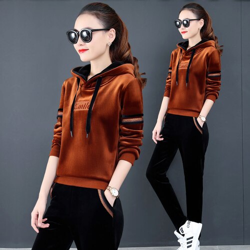 Winer dikke fluwelen dames trainingspak sportkleding warme hoodie sweatshirt + broek hardloopjoggingbroek fitness workout casual set sportpak: Khaki / M