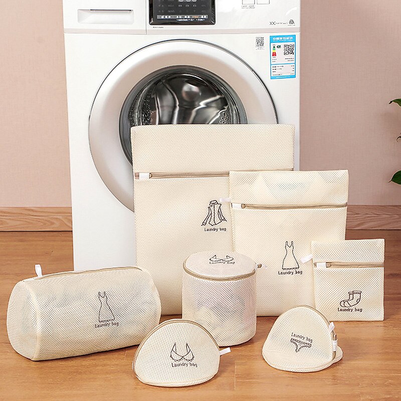 Polyester Mesh Laundry Bag Washing Bra Socks Net Bag for Underwear Sock Washing Machine Dirty Clothes Bra Bags Laundry Bag: 7 Pcs Beige