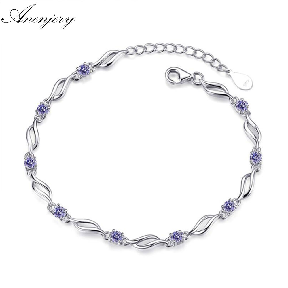 Anenjery Silver Color Charms Bracelets For Women Crystal Zircon Bracelet pulseira Valentine's Day S-B101