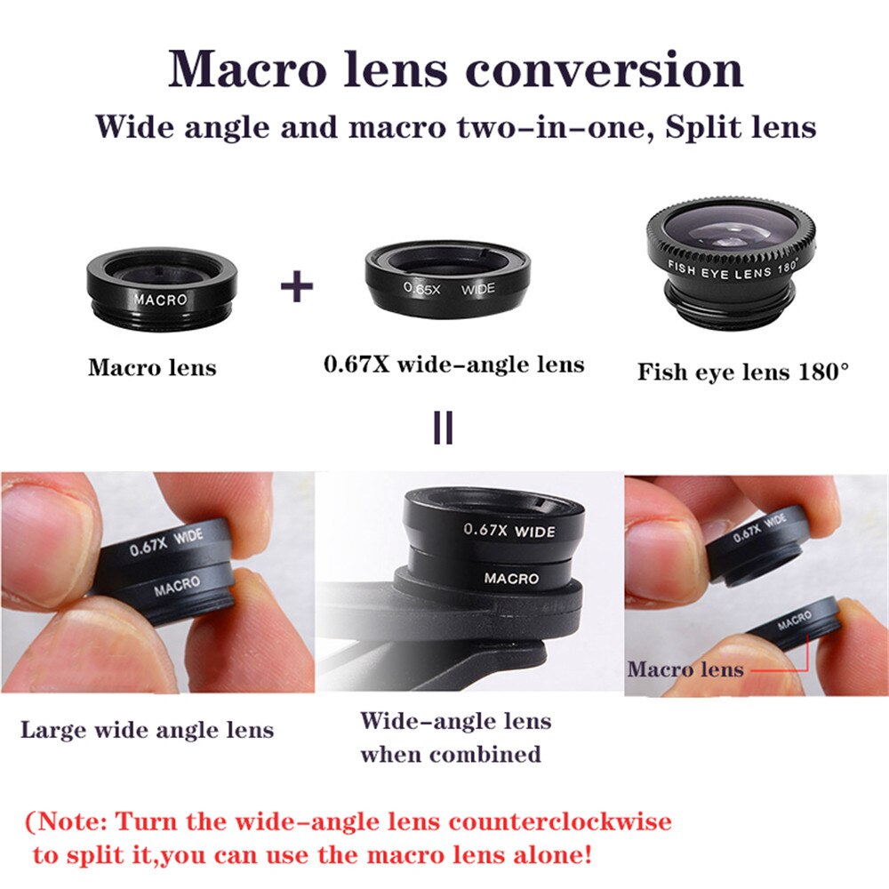 phone lens Fisheye 0.67x Wide Angle Zoom lens fish eye 6x macro lenses Camera Kits with Clip lens on the phone for smartphone